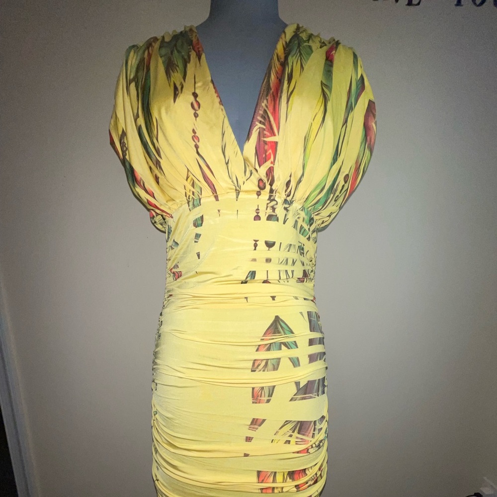 Arden B Yellow Feathered fitted dress